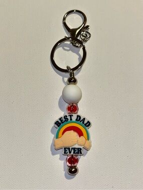 ‘Best Dad Ever’ Fist Pump Keychain w/Multicolor Accent White & Faceted Red Beads